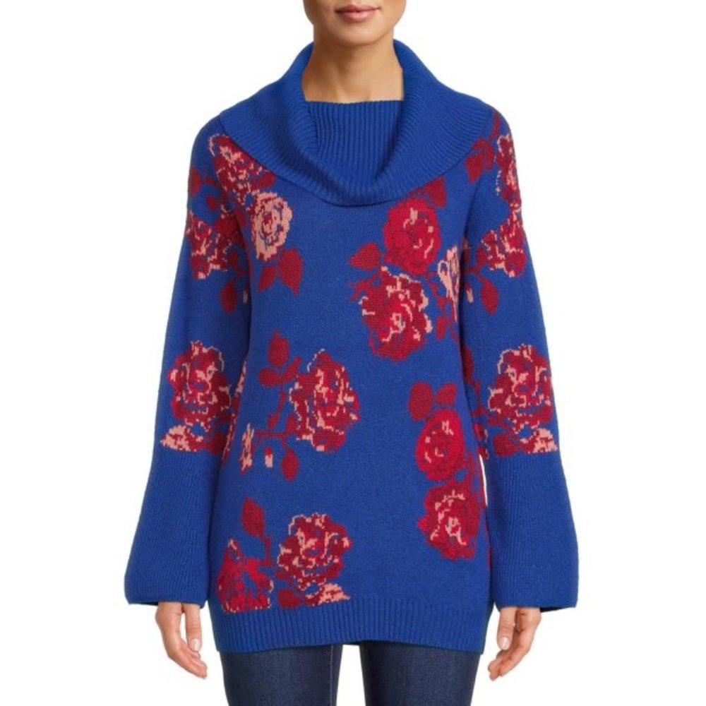 NWT NEW Blue Floral Sz XL 16/18 Stretchy Cozy Cowl Neck Sweater PIONEER WOMAN - Picture 1 of 4